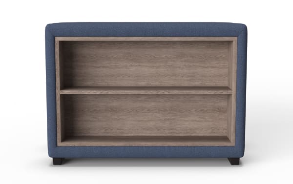 Blue fabric-upholstered rectangular ottoman with open wooden storage compartment featuring one horizontal shelf and dark wooden legs.