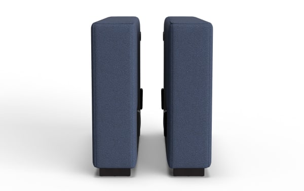 Pair of modern navy blue fabric-covered speakers shown from the side, featuring a rectangular shape and black base stands.