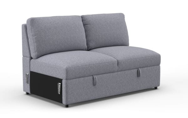 Modern gray fabric loveseat sofa with plush cushions, black side panel, and compact design, ideal for small living spaces or apartments.