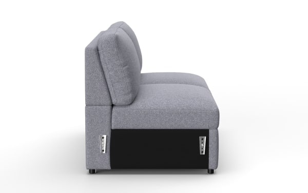 Modern gray fabric sofa side view showing cushioned backrest and seat with black base and metal adjustment brackets, ideal for living room seating.