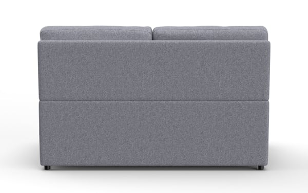 Modern gray fabric upholstered sofa viewed from the back, featuring clean lines, cushioned backrest, and short black legs, suitable for contemporary living rooms.