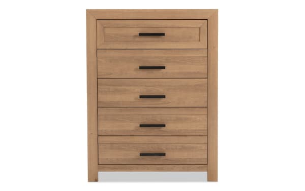Calvin Light Brown 5 Drawer Chest from Calvin Bedroom collection, transitional style, MDF and engineered wood grain, plank design with natural wood texture, spacious storage.