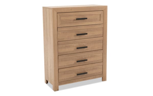 Calvin Light Brown 5 Drawer Chest from Calvin Bedroom collection, transitional style in MDF and engineered wood grain with natural wood look and black handles.