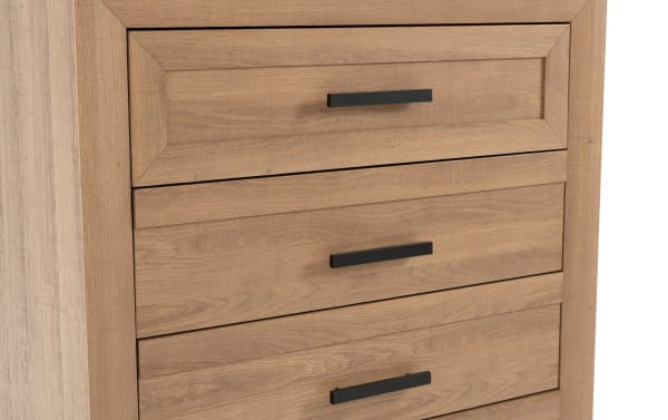 Calvin Light Brown 5 Drawer Chest from Calvin Bedroom collection, transitional style in MDF engineered wood grain with natural plank texture and black handles.