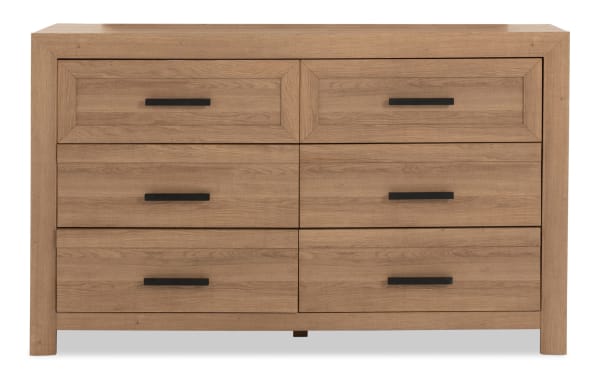 Calvin Light Brown 6 Drawer Dresser in transitional style, made of MDF and engineered wood grain with natural plank texture, black handles, and spacious storage.