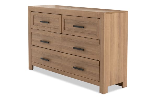 Calvin Light Brown 6 Drawer Dresser in transitional style, crafted from MDF and engineered wood grain with natural wood texture, six spacious drawers, and black metal handles.