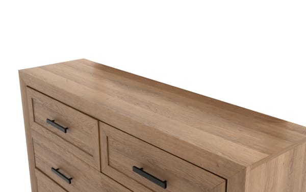 Calvin Light Brown 6 Drawer Dresser in transitional style with engineered wood grain MDF, featuring six spacious drawers and a natural plank-like finish.