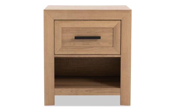 Calvin Light Brown Nightstand with Drawer from Calvin Bedroom collection, featuring transitional style, engineered wood grain MDF, felt-lined drawer, and open shelf.