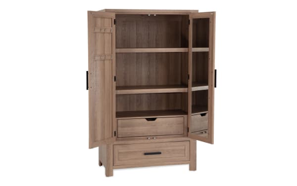 Calvin Light Brown 2 Drawer Armoire from Calvin Bedroom collection, transitional style in MDF and acacia veneers with natural wood grain, adjustable shelves, chevron door design, and black hardware.