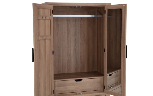 Calvin Light Brown 2 Drawer Armoire from Calvin Bedroom collection, transitional style MDF with acacia veneers, natural wood grain, chevron door design, adjustable rod, and moveable shelves for versatile storage.