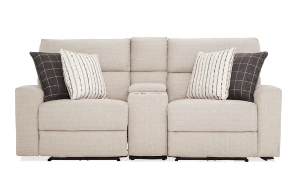 Modern Farmhouse Beige 76'' power reclining console loveseat with power headrests, polyester fabric upholstery, USB ports, cupholders, and hidden storage.