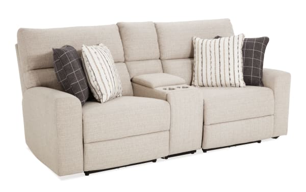 Modern Farmhouse beige 76" power reclining console loveseat with power headrests, cupholders, USB ports, hidden storage, and polyester fabric upholstery.