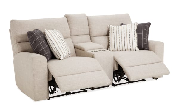 Modern Farmhouse beige 76" power reclining console loveseat with power headrests, polyester fabric, USB ports, cupholders, and hidden storage.