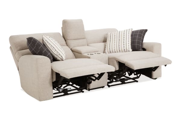 Modern Farmhouse beige 76'' power reclining console loveseat with power headrest, USB ports, cupholders, hidden storage, and polyester fabric upholstery.