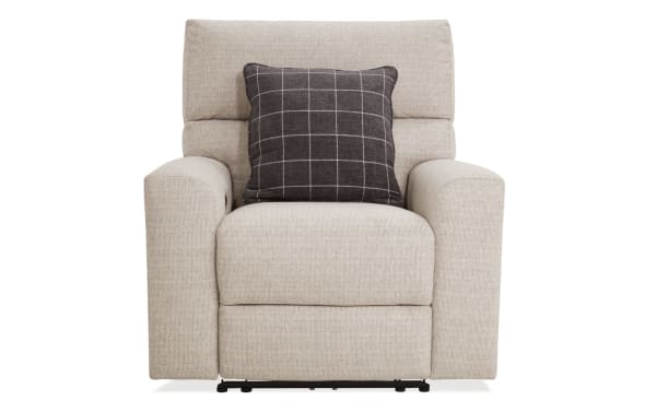 Modern Farmhouse beige power recliner chair with fabric polyester upholstery, power headrest, USB ports, and memory foam cushioning.