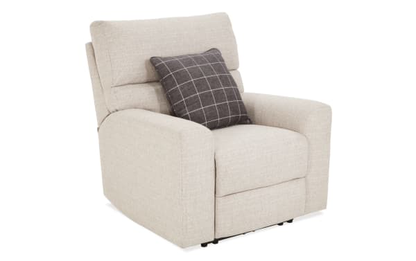 Modern Farmhouse beige power recliner with plush polyester fabric upholstery, power headrest, USB ports, and memory foam cushioning in transitional style.