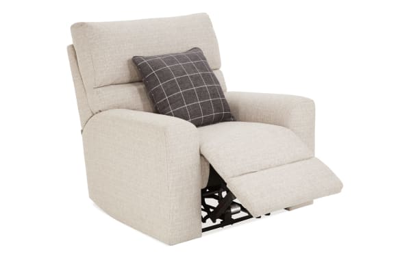 Modern Farmhouse Beige Power Recliner with power headrest, fabric polyester upholstery, transitional style, USB & USB-C ports, and memory foam cushioning.