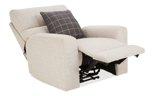 Beige Modern Farmhouse power recliner with fabric polyester upholstery, power headrest, USB ports, and memory foam cushioning in transitional style.