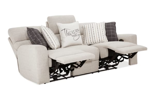 Modern Farmhouse Beige 86'' power reclining sofa with polyester fabric upholstery, power headrests, USB ports, cupholders, and hidden storage.