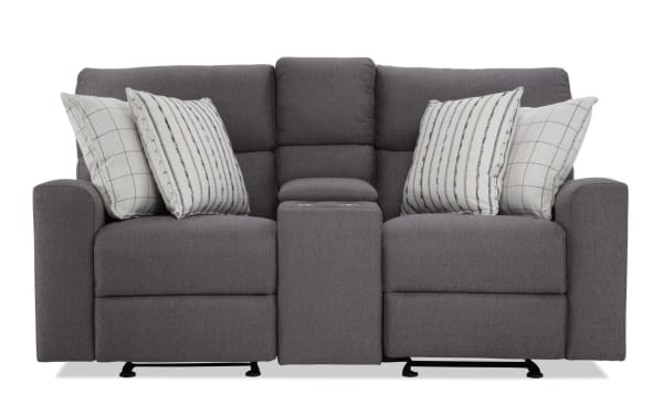 Modern Farmhouse gray 76" power reclining console loveseat with power headrests, polyester fabric upholstery, USB ports, cupholders, and hidden storage.