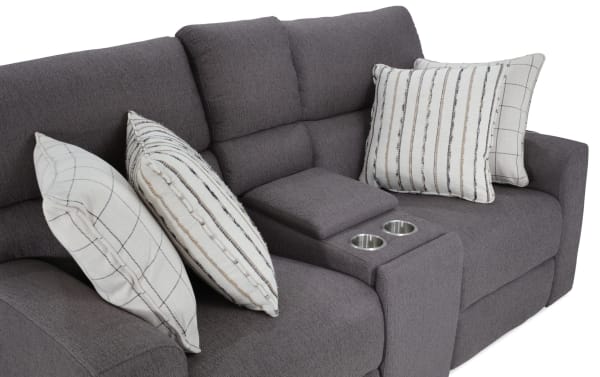 Modern Farmhouse gray 76" power reclining console loveseat with power headrest, polyester fabric upholstery, cupholders, and storage.