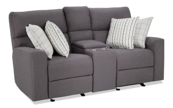 Modern Farmhouse gray 76'' power reclining console loveseat with power headrests, polyester fabric upholstery, USB ports, cupholders, and hidden storage.