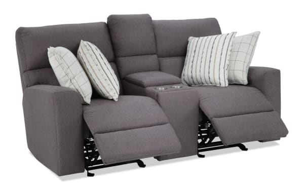 Modern Farmhouse gray 76" power reclining console loveseat with power headrests, USB ports, cupholders, hidden storage, and polyester fabric upholstery.