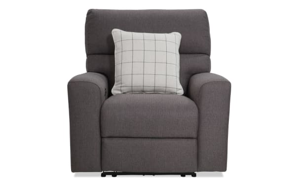 Modern Farmhouse Gray Power Recliner with Power Headrest in gray polyester fabric, transitional style, featuring plush cushioning and a plaid accent pillow.