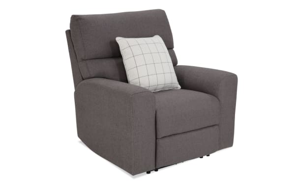 Modern Farmhouse gray fabric power recliner with power headrest, USB ports, and memory foam cushioning in transitional style