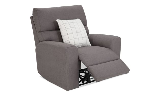 Modern Farmhouse Gray Power Recliner with power headrest, gray polyester fabric upholstery, transitional style, featuring plush cushioning and extended footrest.