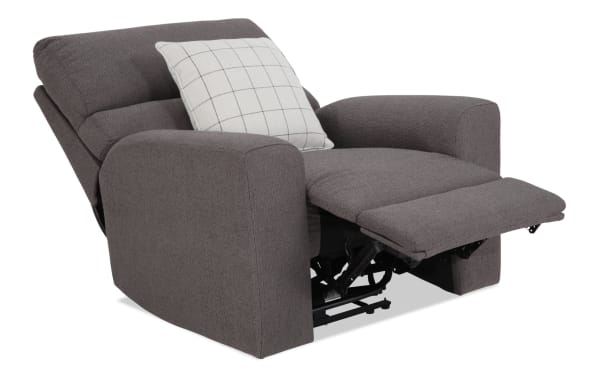 Modern Farmhouse gray fabric polyester power recliner with power headrest, USB ports, and memory foam cushioning in transitional style
