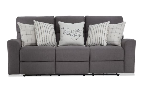 Modern Farmhouse Gray 86'' power reclining sofa in gray polyester fabric with power headrests, transitional style, and decorative striped and checkered pillows.