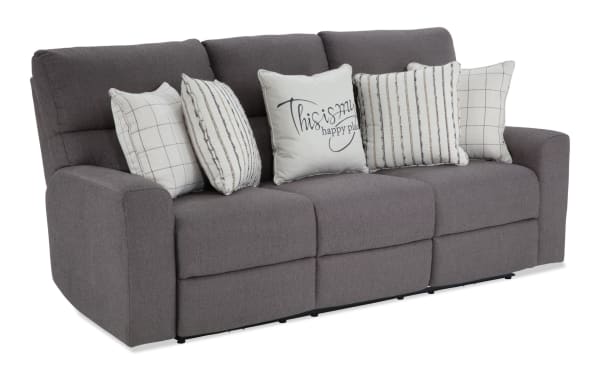 Modern Farmhouse gray 86" power reclining sofa with fabric polyester upholstery, power headrests, and five decorative pillows in transitional style.