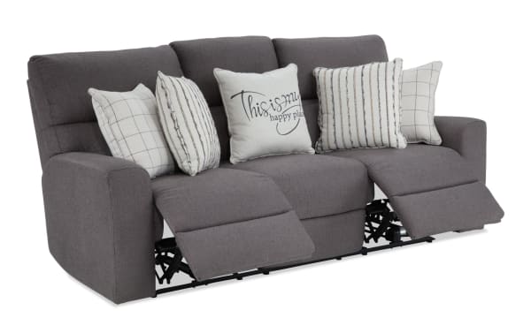 Modern Farmhouse Gray 86'' power reclining sofa in gray polyester fabric, transitional style with power headrests, USB ports, cupholders, and memory foam cushions.