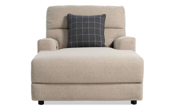 Modern Farmhouse beige fabric polyester power reclining chaise lounge with power headrest, cupholders, USB ports, and memory foam cushioning