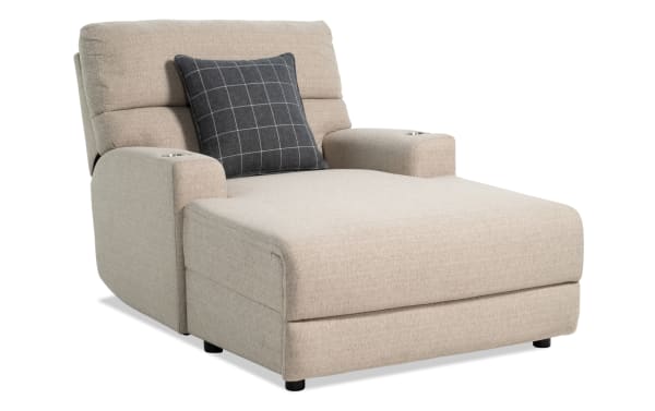 Modern Farmhouse beige fabric polyester power reclining chaise lounge with power headrest, cupholders, USB ports, and memory foam cushioning.