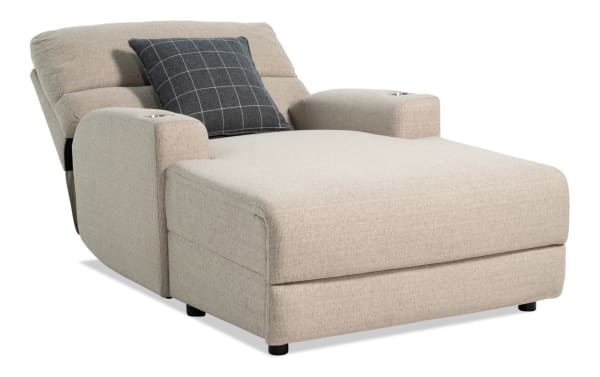 Modern Farmhouse Beige Power Reclining Chaise Lounge with power headrest, cupholders, USB ports, and Bob-O-Pedic memory foam upholstery in polyester fabric.