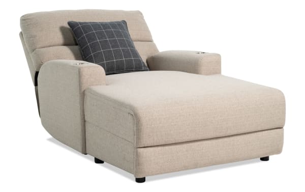 Modern Farmhouse beige fabric polyester power reclining chaise lounge with power headrest, cupholders, USB ports, and memory foam cushioning in transitional style.
