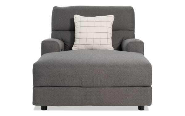 Modern Farmhouse gray fabric polyester power reclining chaise lounge with power headrest, cupholders, USB ports, and hidden storage in transitional style