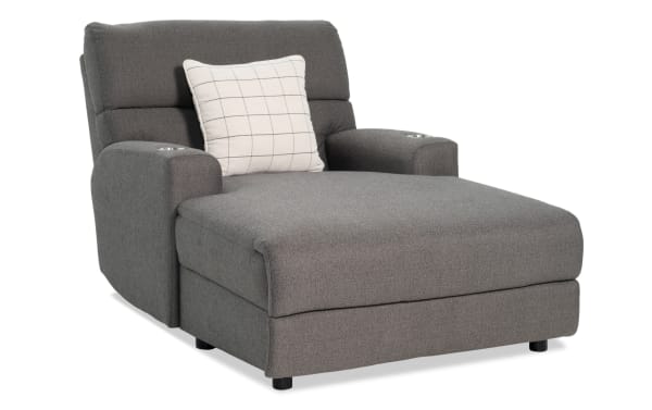 Modern Farmhouse gray fabric polyester power reclining chaise lounge with power headrest, USB ports, cupholders, hidden storage, and memory foam.