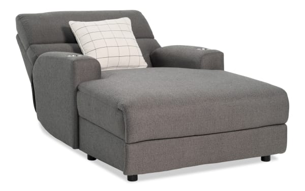 Modern Farmhouse gray fabric power reclining chaise lounge with power headrest, cupholders, USB ports, hidden storage, and memory foam cushion.