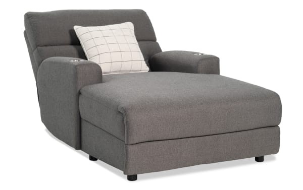 Modern Farmhouse gray fabric polyester power reclining chaise lounge with power headrest, cupholders, USB ports, and memory foam cushion.