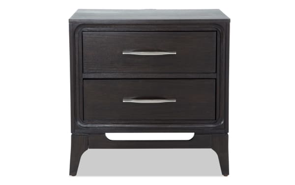 Soho Espresso 2 Drawer Nightstand in dark espresso MDF with transitional style, featuring cutout base details, silver drawer handles, and spacious storage.