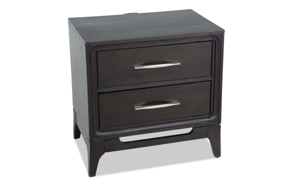 Soho Espresso 2 Drawer Nightstand in dark MDF with transitional style, featuring cutout base details, silver drawer handles, and built-in USB/USB-C ports.