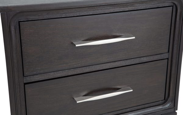 Soho Espresso 2 Drawer Nightstand in dark espresso MDF with sleek silver handles, transitional style, featuring cutout base details and spacious drawers.