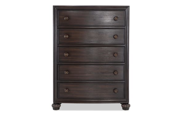 Regency Cherry 5 Drawer Lift-Top Chest in traditional style, dark wood finish with hardwood solids, oak veneers, and MDF, featuring ornate feet and round drawer knobs.