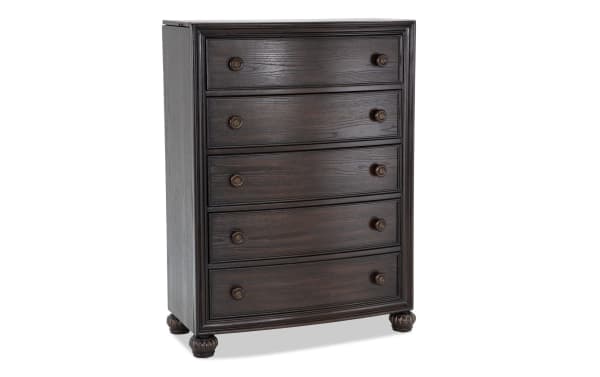 Traditional Regency Cherry 5 Drawer Lift-Top Chest in dark hardwood solids and oak veneers, featuring ornate round knobs, carved bun feet, and a lift-top with hidden jewelry tray.