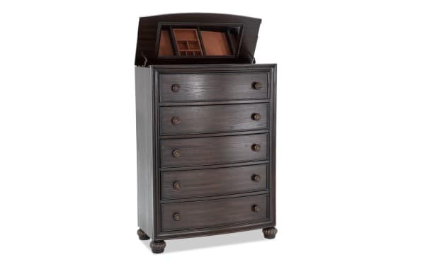 Regency Cherry 5 Drawer Lift-Top Chest in traditional style with dark hardwood solids, oak veneers, and MDF. Features curved drawer fronts, ornate round knobs, carved bun feet, and a lift-top revealing a jewelry tray. Part of the Regency Bedroom collection, combining old-world elegance with modern functionality.