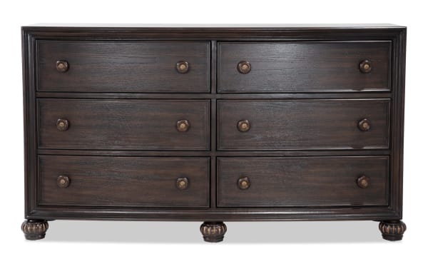 Regency Cherry 6 Drawer Dresser in traditional style with dark hardwood solids, oak veneers, and MDF, featuring ornate round feet and antique brass drawer pulls.
