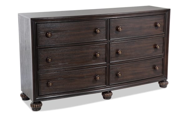 Regency Cherry 6 Drawer Dresser in traditional style with dark cherry finish, hardwood solids, oak veneers, MDF, ornate round knobs, and carved bun feet.